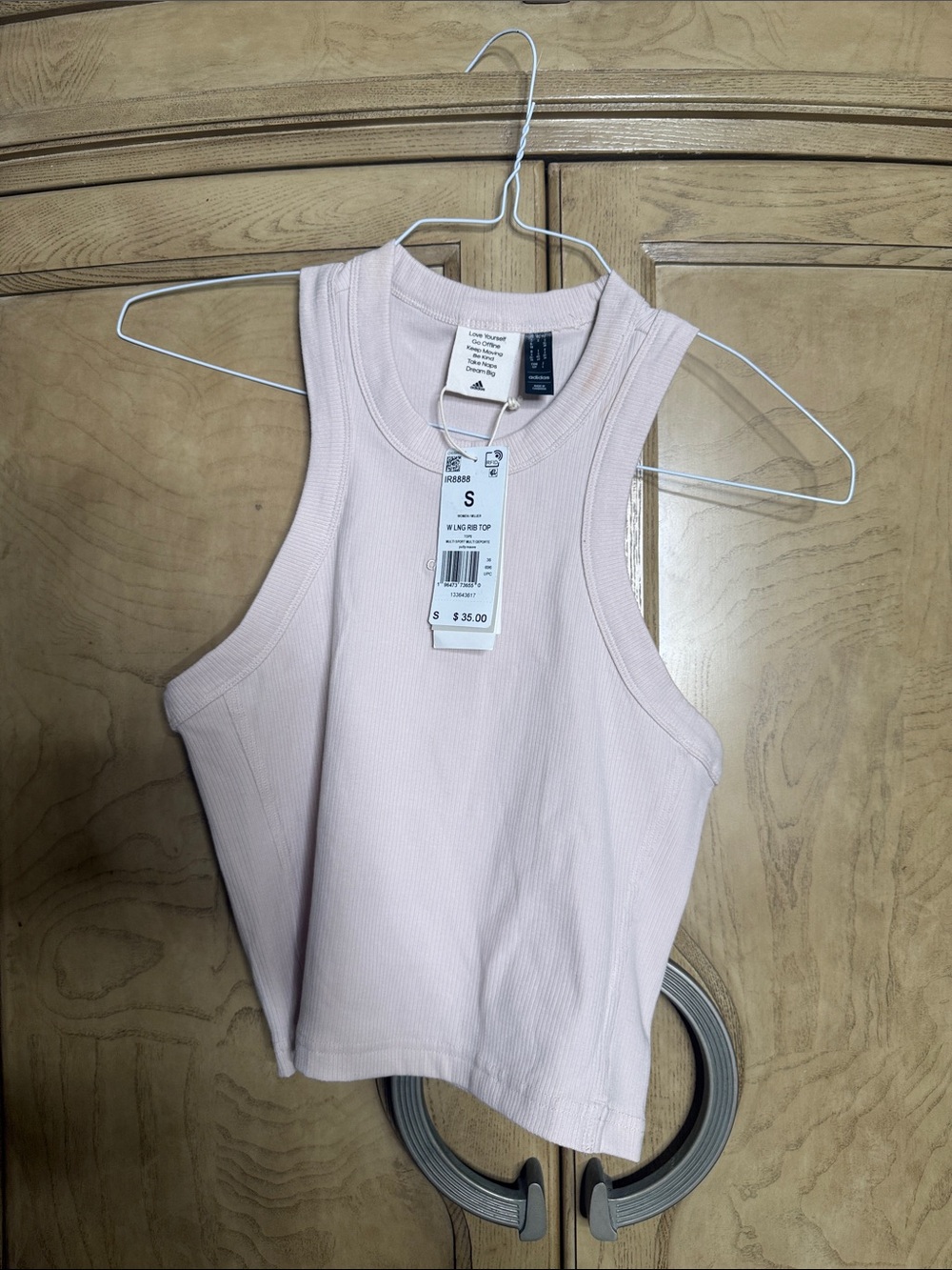 Adidas W LNG RIB TOP women's ribbed tank top in putty mauve.